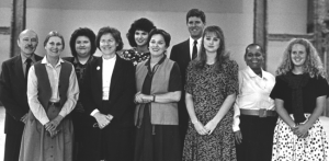Horizons staff, 1989. From left to right: Paul Nonnast, Ann Yeargin, Kathy Copas, Barbara Roche, Robin Stewart, Anna Bedford, John Peters, Cindy Goodman, Jeannette McBride Hunter and Martha Bartlett Abaca.