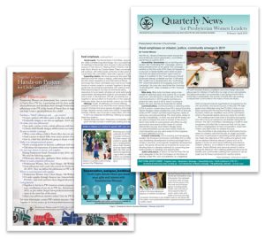 fanned pages of newsletter, which include image of women decorating pillowcases