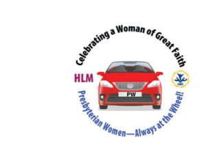 Red car surrounded by words "Presbyterian Women, Always at the Wheel"