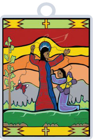 This pendant/charm features the work of Cree artist Ovide Joseph Bighetty, entitled Because He Lives, We Can Face Tomorrow. Wear as a reminder of that promise.